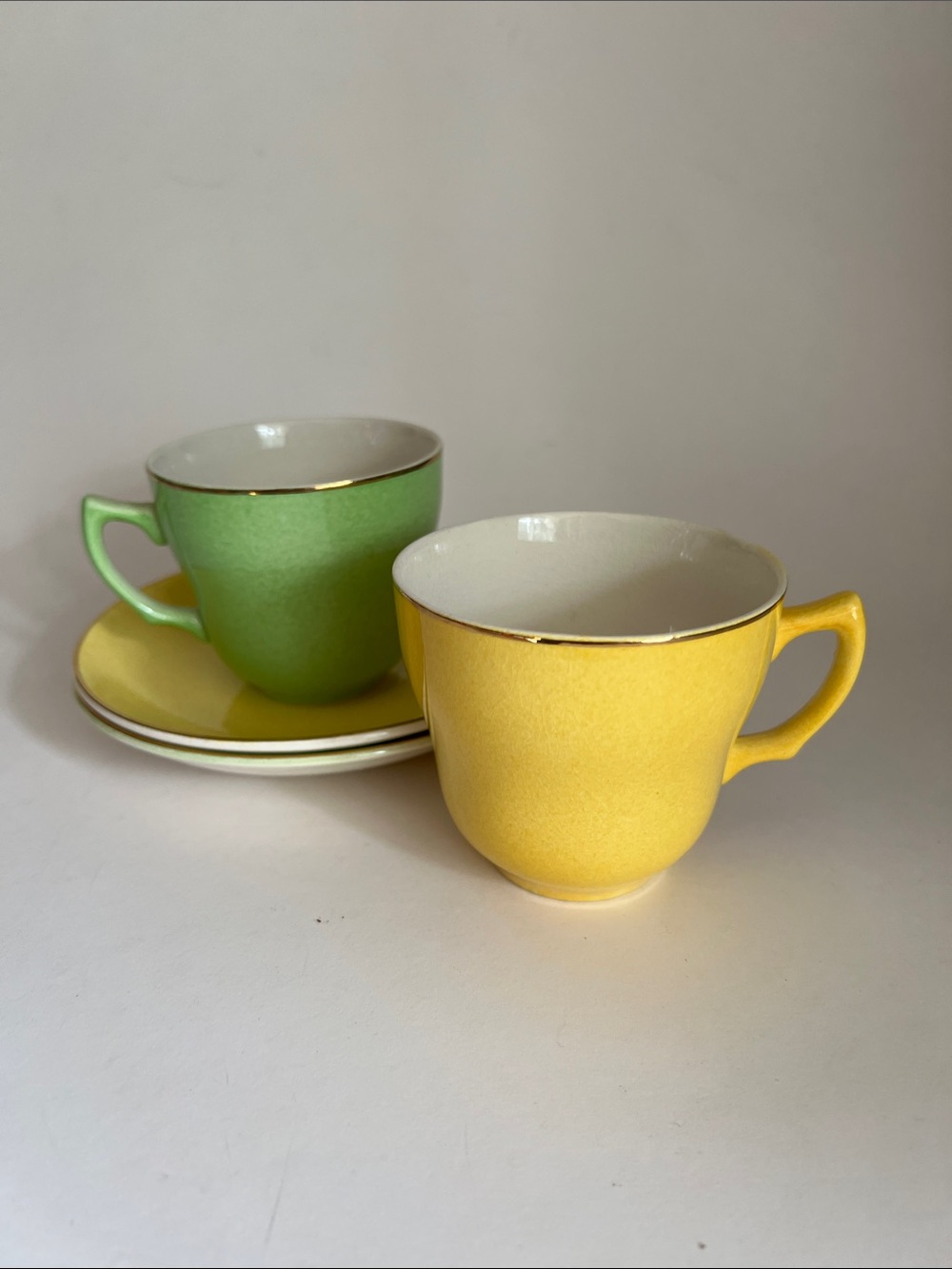 Vintage Yellow and Green Porcelain Mixed Tea Cup Set with Gold Trim
